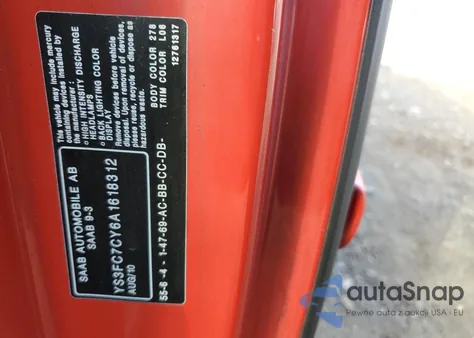 2010 Saab 9-3 Aero from USA, damaged, VIN YS3FC7CY6A1618312